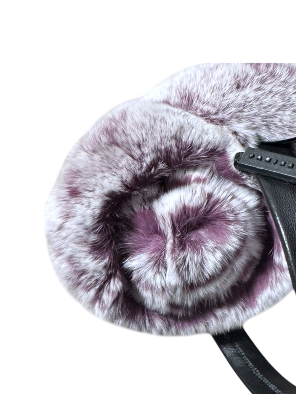 NWT Danier Carrie 100% Rex Rabbit Fur Sheep Leather Earmuffs Eggplant/White - Picture 3 of 6